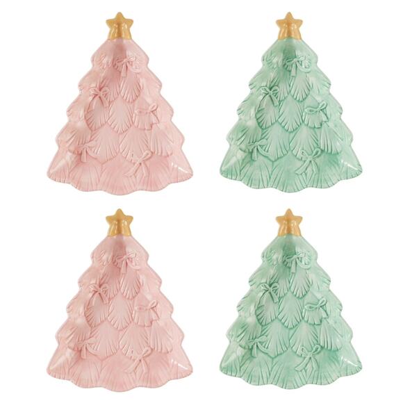 Set 4 Ceramic Pink Green Christmas Tree Sculpted Appetizer Plates Tray Platters - Picture 1 of 5